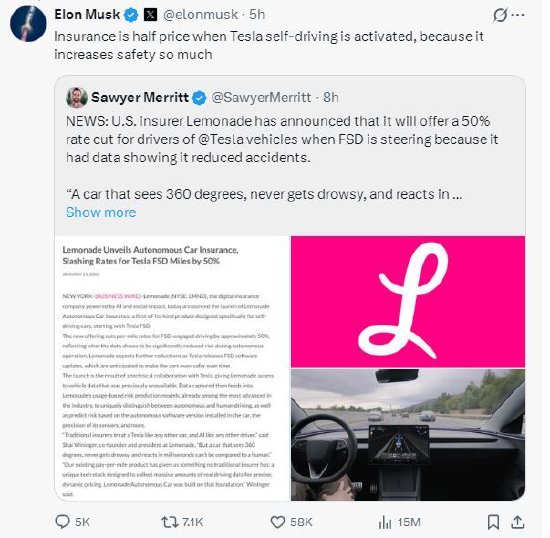 美保险商宣布为特斯拉降保费,马斯克回应:FSD极大提升了安全性